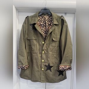 "Not For You" sequin khaki star women's utility Jacket with leopard lining 3XL